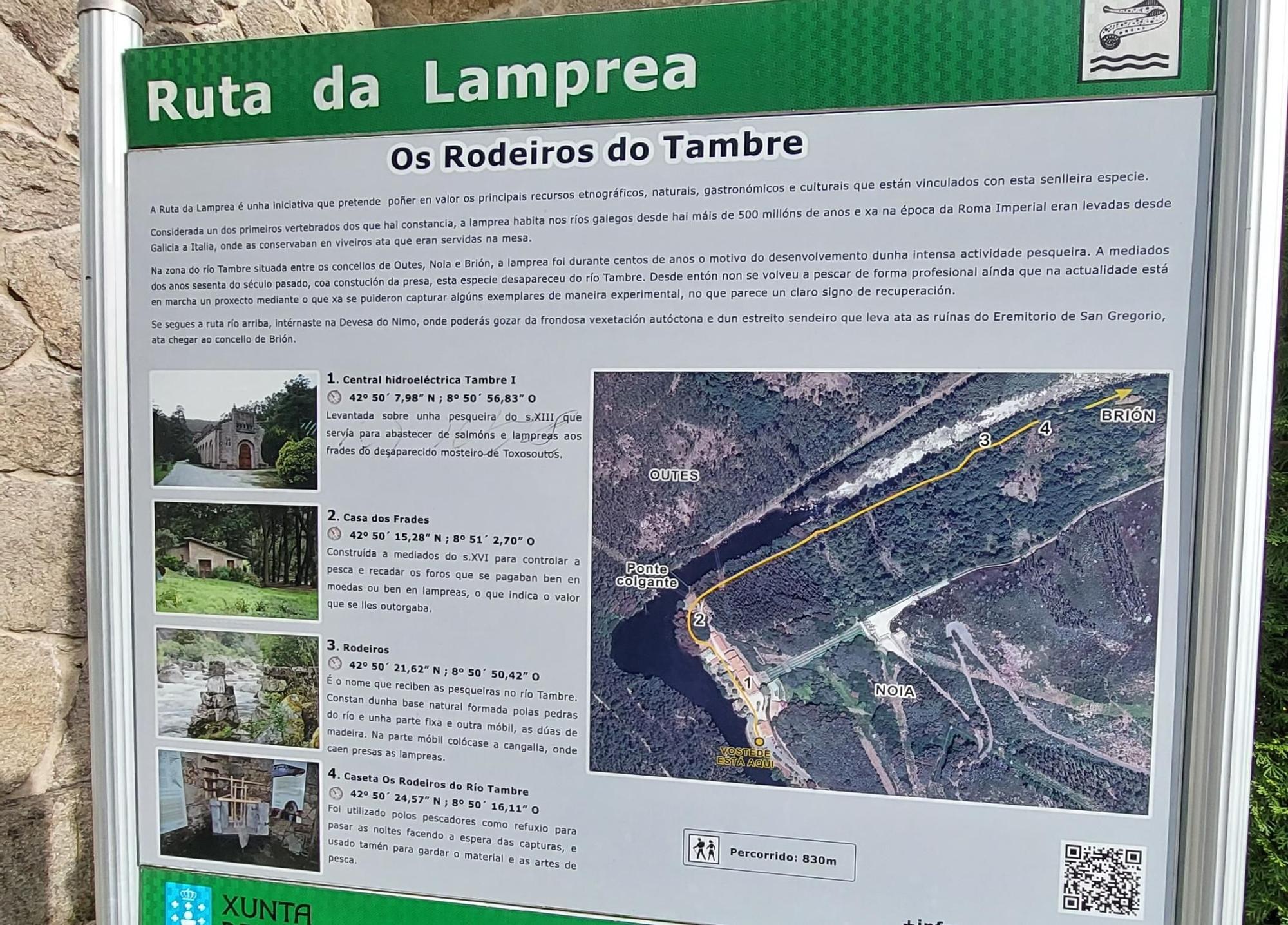 Cartel de la Ruta da Lamprea que parte de la central hidroeléctrica del Tambre.