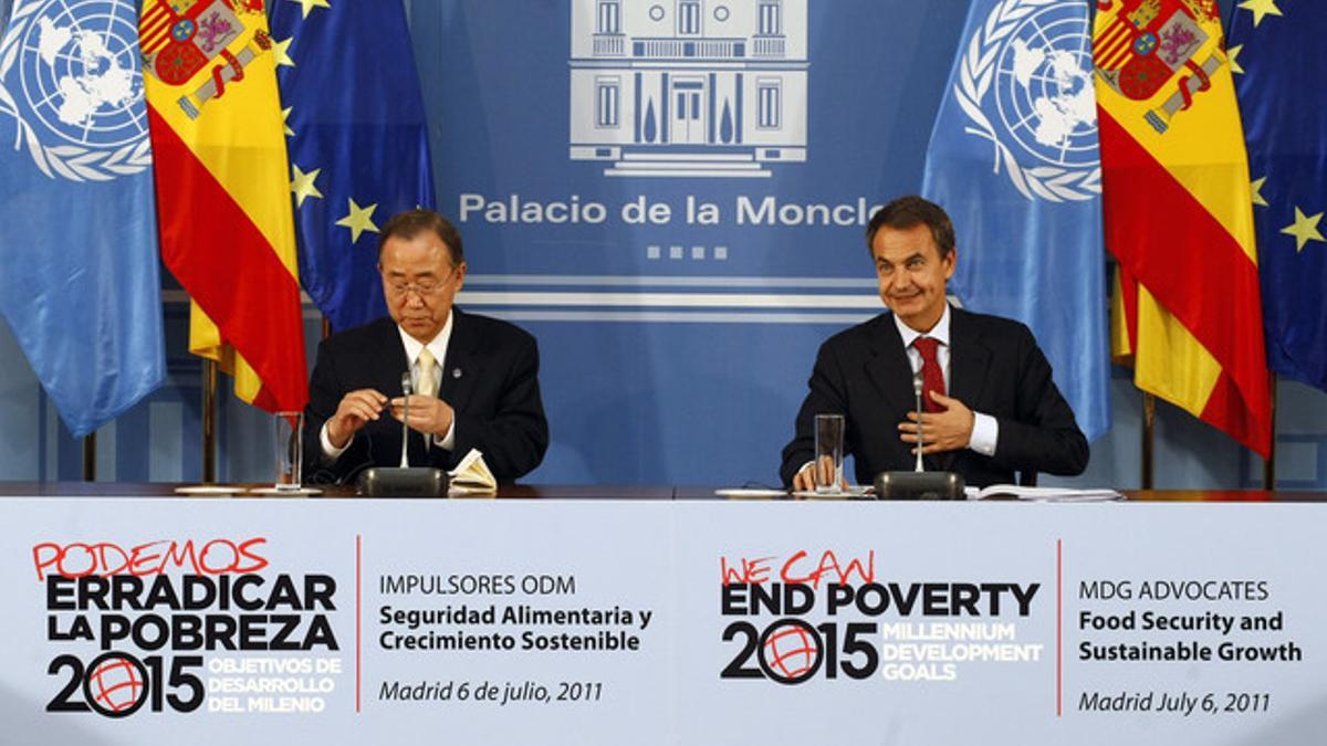 Zapatero junto a Ban Ki-moon en la reunión de este miércoles en la Moncloa.