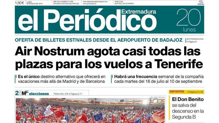 Esta es la portada de EL PERIÓDICO EXTREMADURA correspondiente al día 20 de mayo del 2019