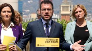 Laura Vilagrà, Pere Aragonès y Alba Vergés en el acto electoral de ERC de este viernes.