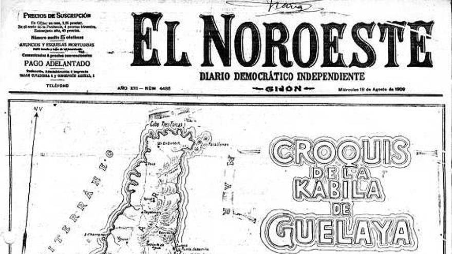 Primera página del diario gijonés «El Noroeste» del 18 de agosto de 1909, con el mapa del teatro de operaciones de la campaña de Melilla.