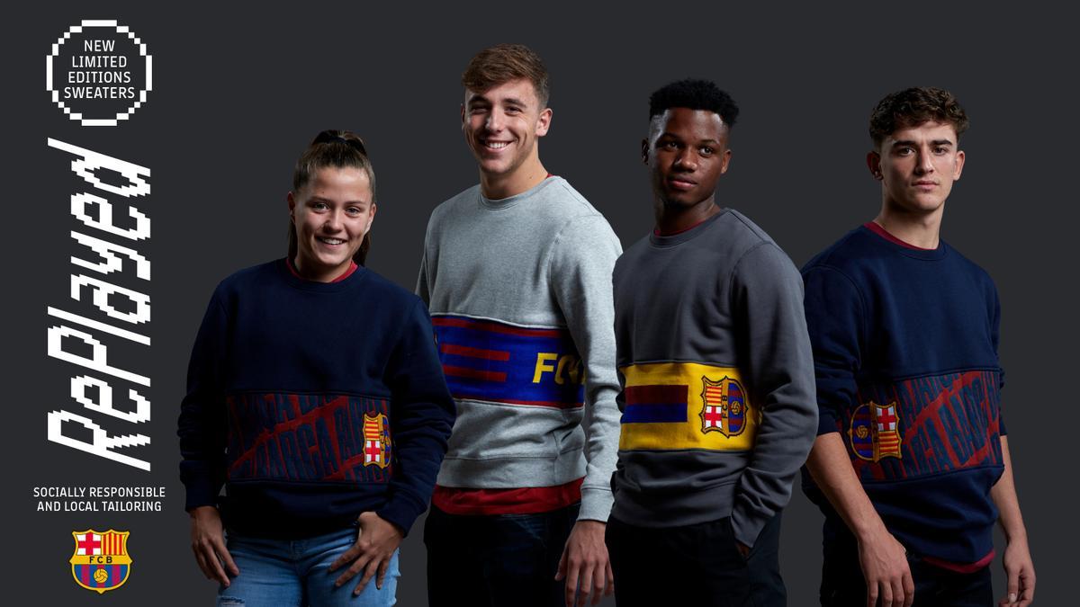 Clàudia Pina, Nico González, Ansu Fati y Gavi, con las sudaderas de la cápsula 'Replayed' el Barça.