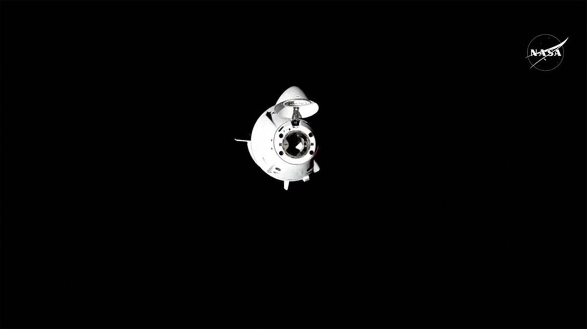 Imagen de la nave espacial tripulada SpaceX Dragon que transporta a los miembros de Crew-10, en su viaje hacia la estación espacial internacional.