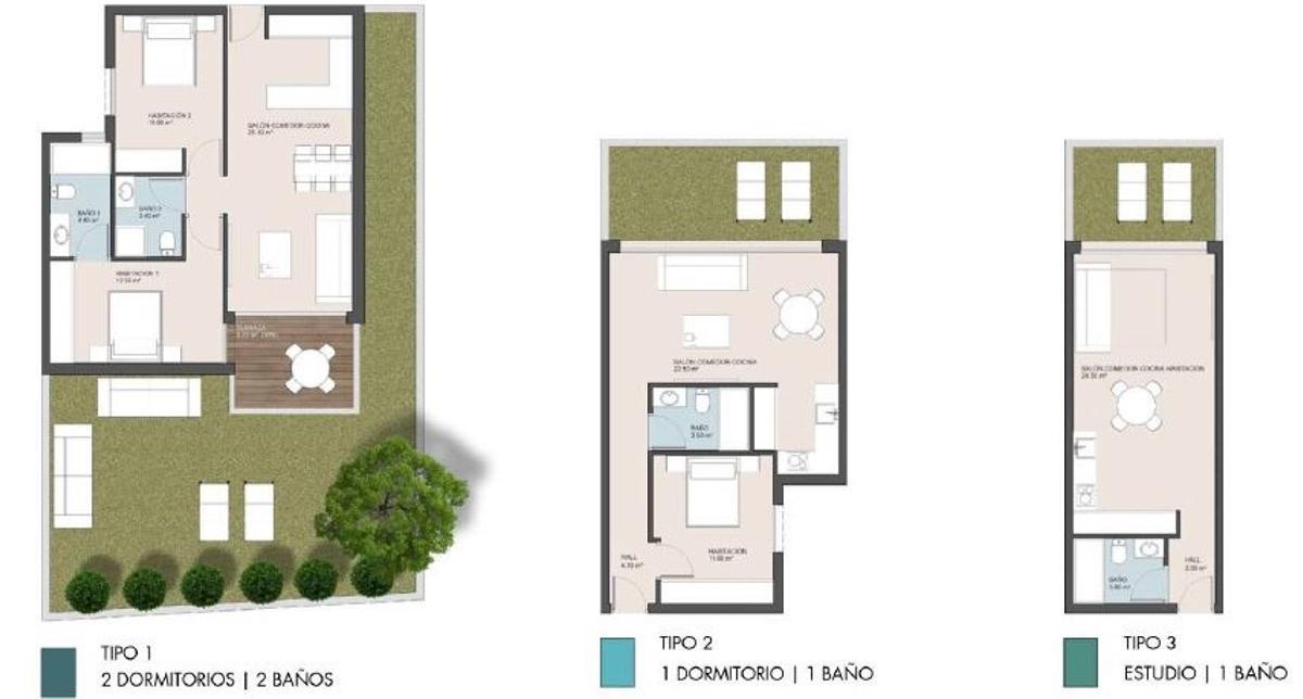 tres tipologías: a la derecha, vivienda con dos habitaciones, dos baños, terraza y jardín y, a la izquierda, el estudio con el comedor, la habitación y la cocina embutidos en 24,5 metros cuadrados
