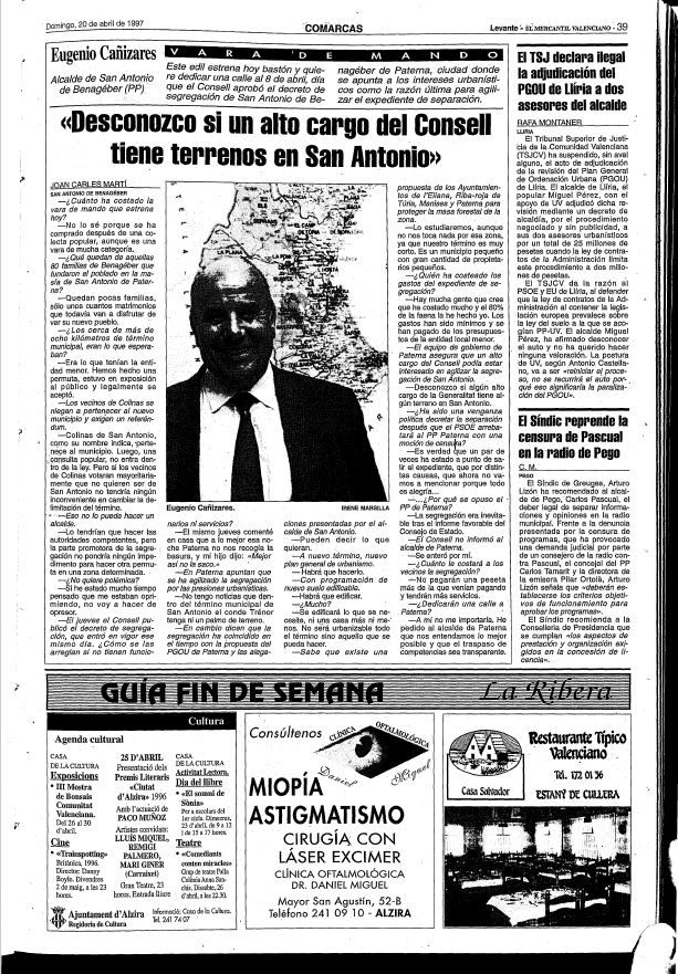 Entrevista a Eugenio Cañizares en Levante-EMV en abril de 1997