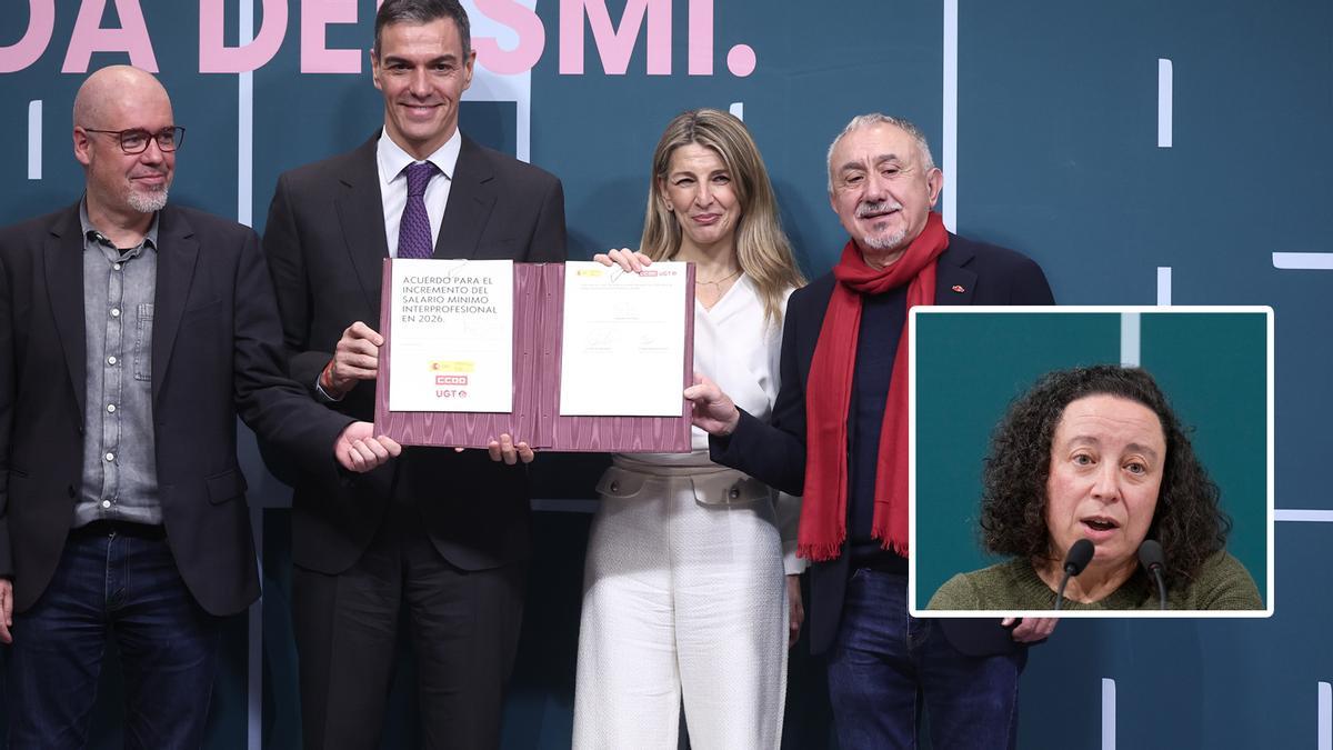 Unai Sordo, Pedro Sánchez, Yolanda Díaz y Pepe Álvarez. En el recuadro, Begoña Cueto.