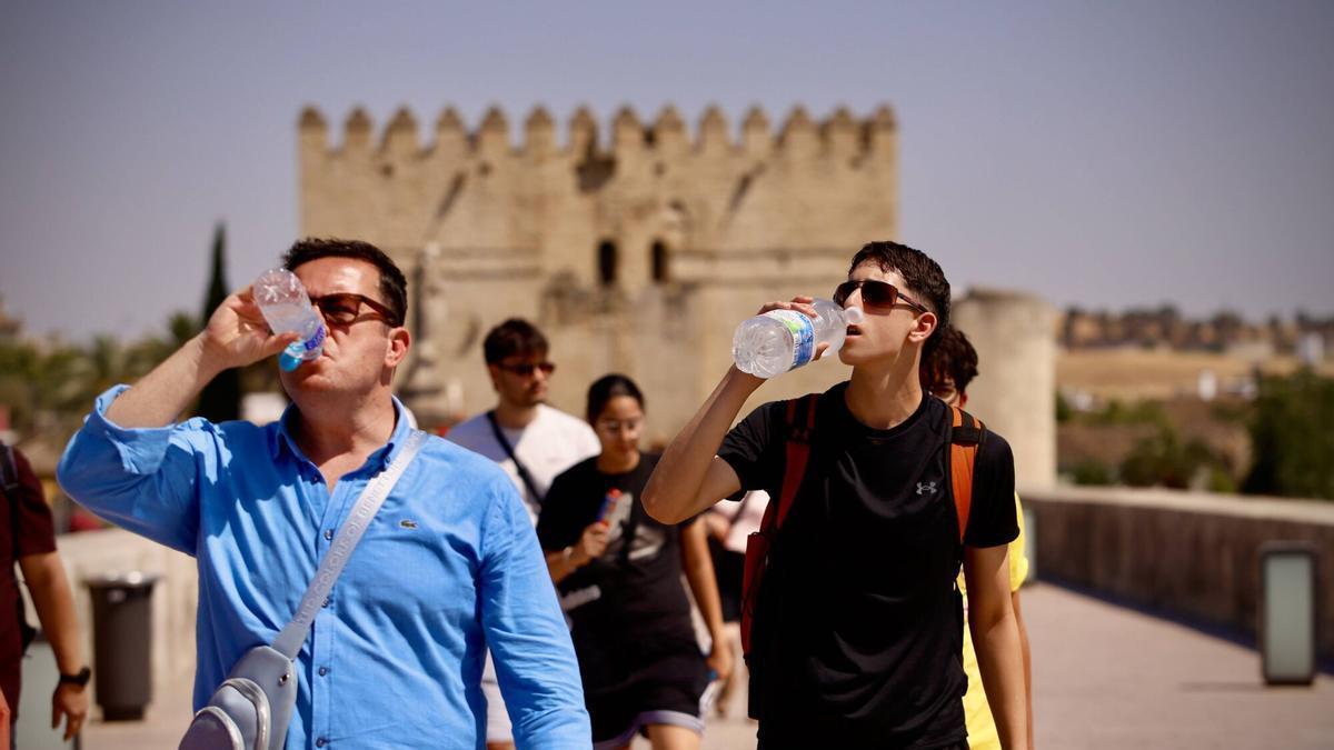 Turistas se refrescan en el Puente Romano de Córdoba.