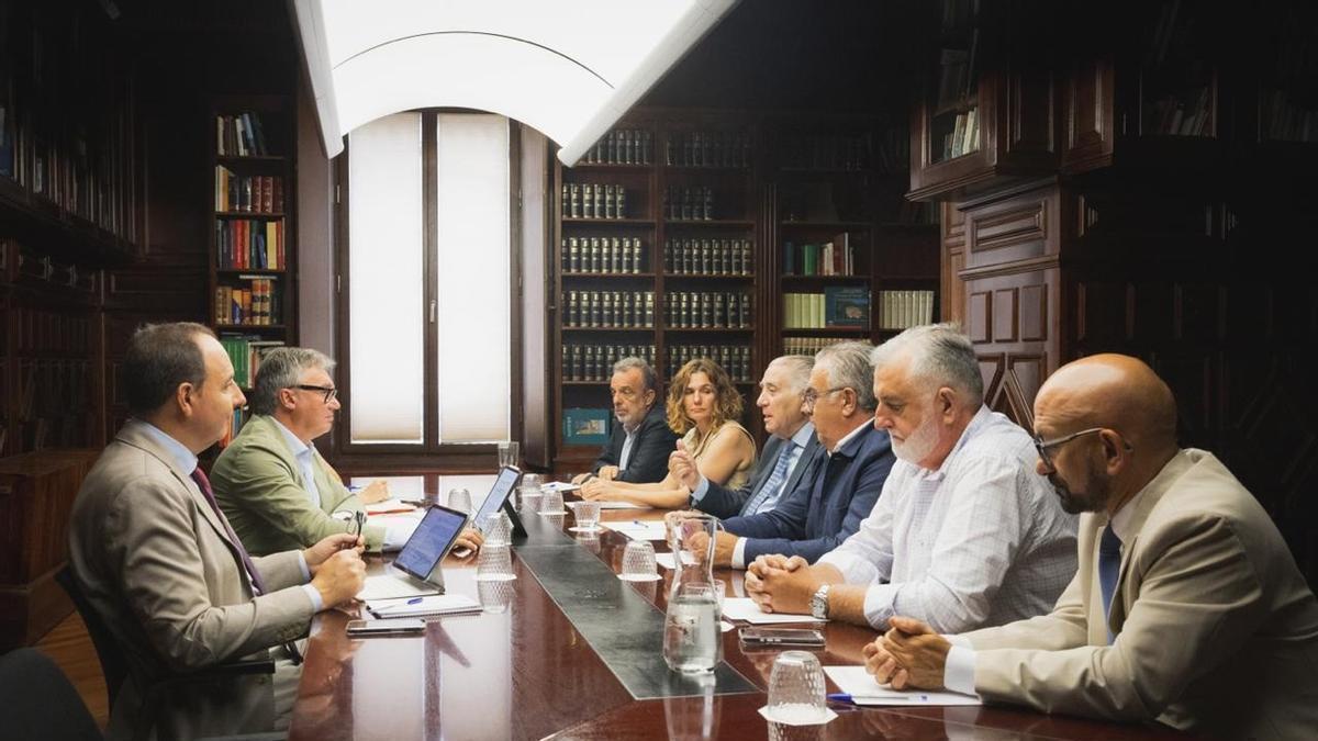 El vicepresidente segundo de la Junta de Andalucía y consejero de Turismo, Justicia, Desregulación y Administración Local, Manuel Gavira, en una reunión con representantes de la Federación Andaluza de Empresarios de Playas (Faeplayas).