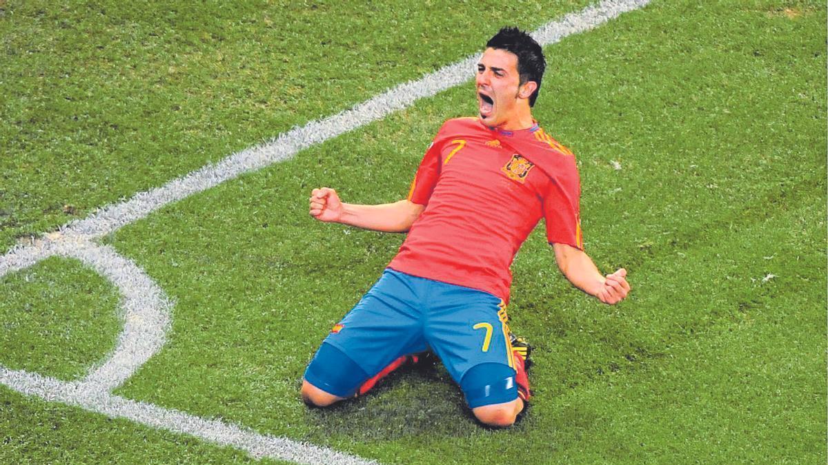 David Villa celebra uno de sus goles en el Mundial de Sudáfrica 2010.