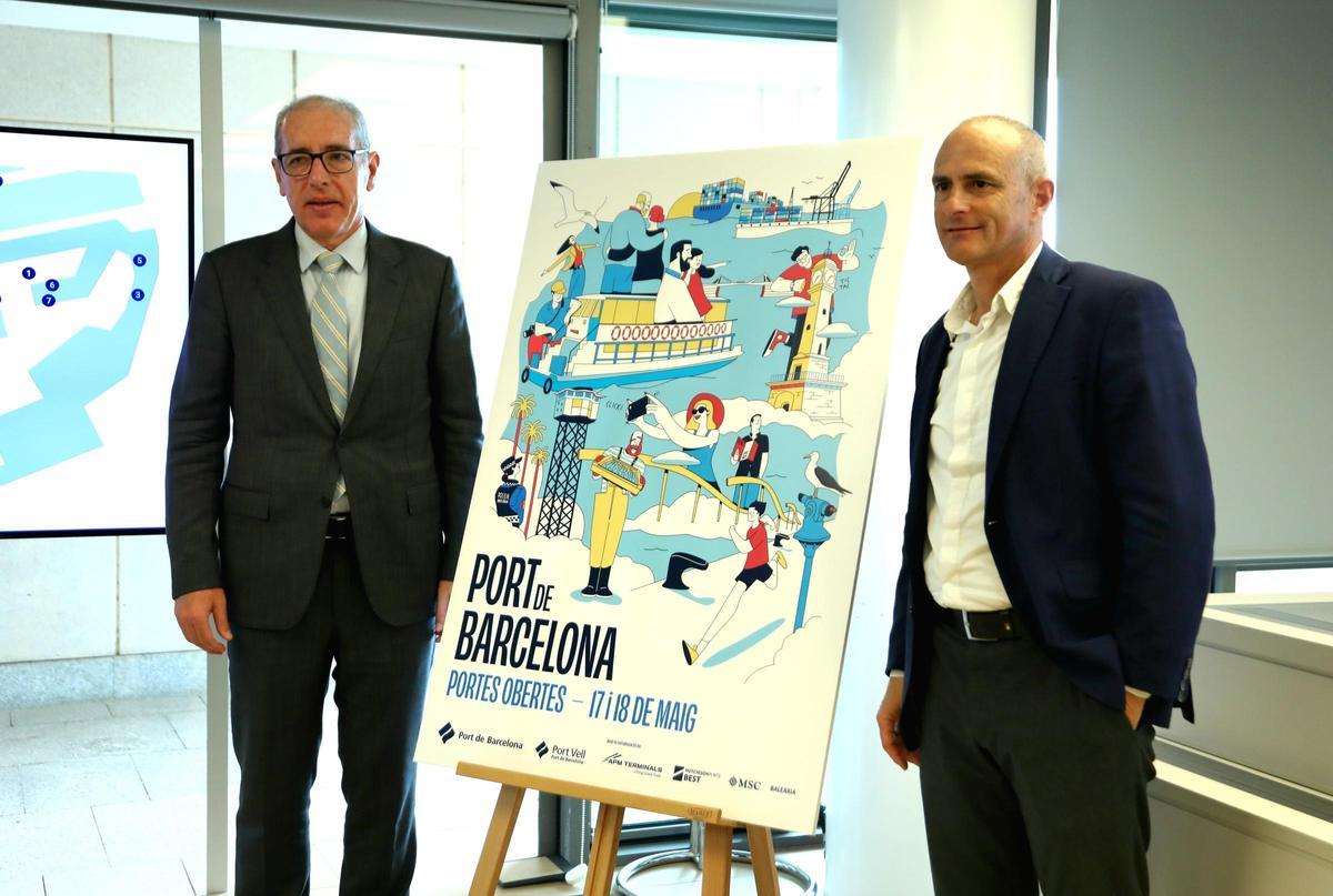 Presentación de la Jornada de Portes Obertes del Port de Barcelona: a la izquierda, el presidente de la autoridad portuaria, José Alberto Carbonell, acompañado del director del Port Vell, David Pino.