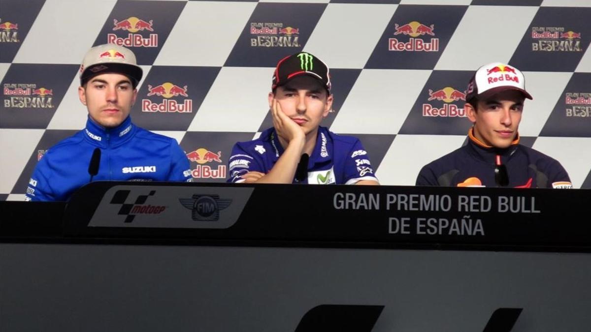 Maverick Vinales  Jorge Lorenzo y Marc Marquez  en la conferencia de prensa en Jerez