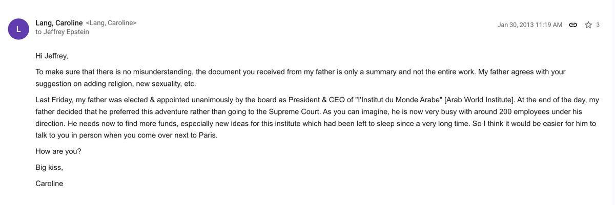 Archivos desclasificados, en los que Caroline Lang habla con Jeffrey Epstein