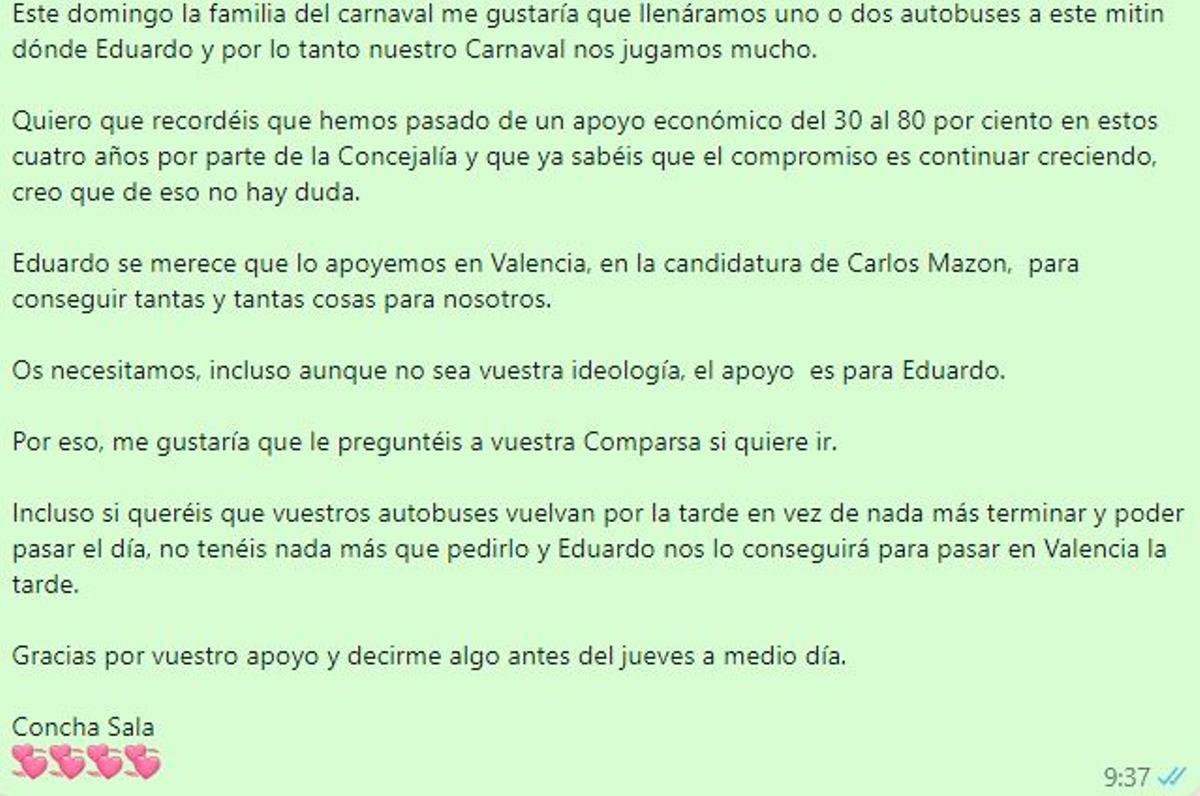 Mensaje remitido por la concejala a los miembros de las comparsas