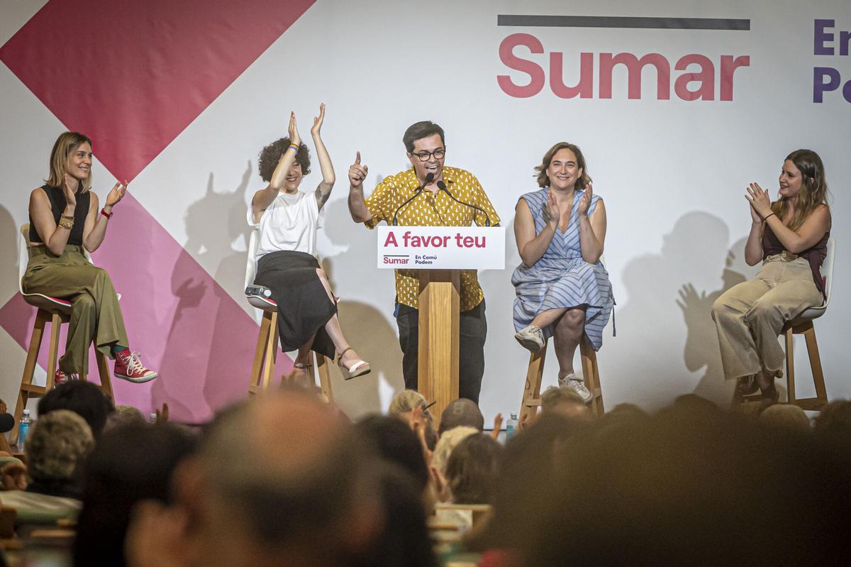 Barcelona 09/07/23 Política. Acto electoral de los Comuns en defensa del derecho a la vivienda. Con Aina Vidal, Ada Colau, Jéssica Albiach...PERSONA:GERARDO PISARELLO. En la ESCI-UPF. AUTOR: MANU MITRU