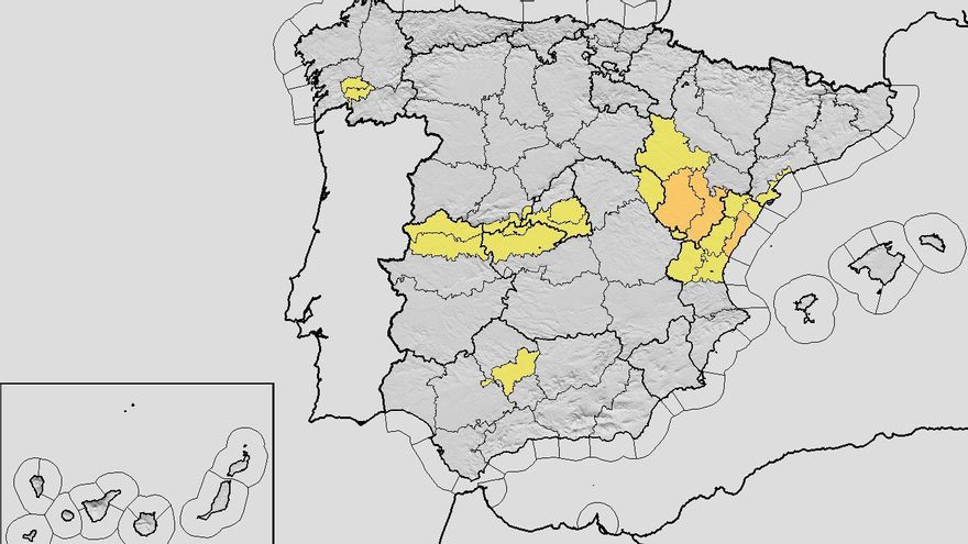 Mapa con los avisos de la Aemet hoy miércoles, 9 de julio.