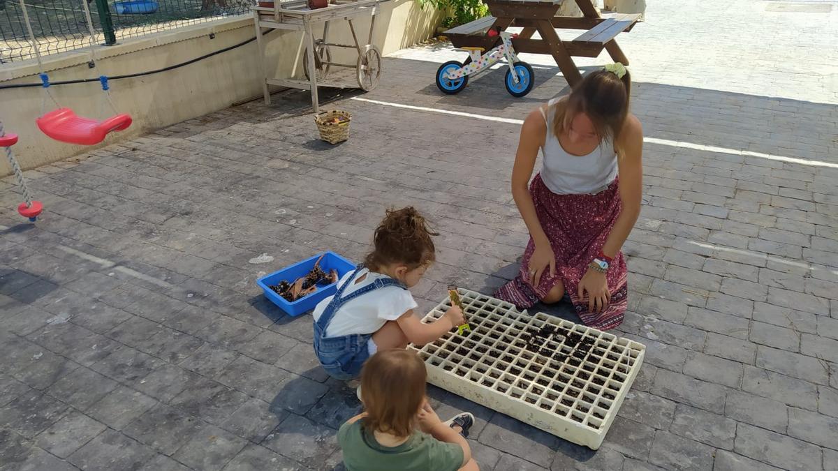 Irene realiza actividades con dos de sus alumnos usando un semillero de plantas.