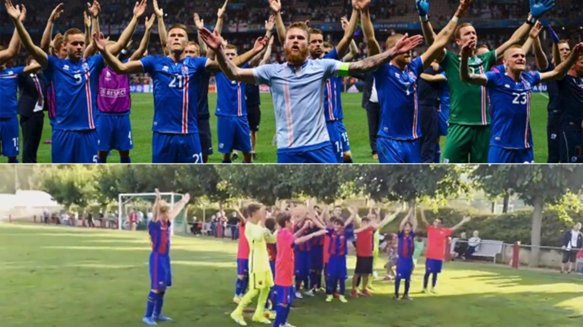 Arriba, los jugadores de Islandia en la Eurocopa. Abajo, los azulgranas en Vic
