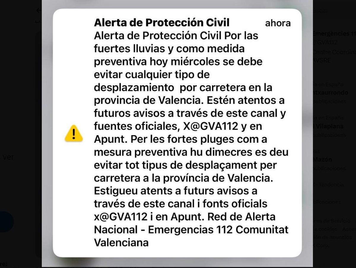 Alerta enviada a los móviles de los valencianos el 29 de octubre.