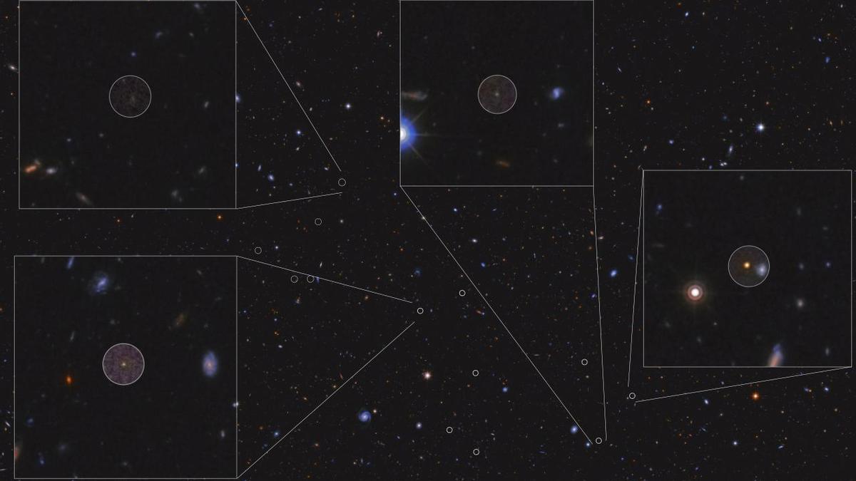 Imagen del cúmulo de galaxias en formación estudiado. Los círculos señalan los nuevos miembros descubiertos con el GTC, 4 de ellos en detalle.
