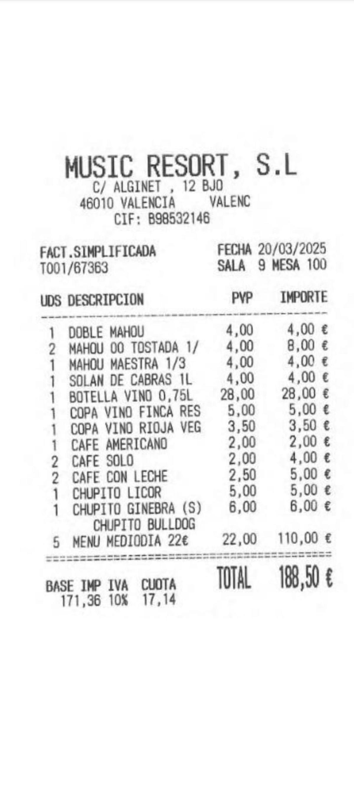 El tiquet de la comida aportado por Compromís.