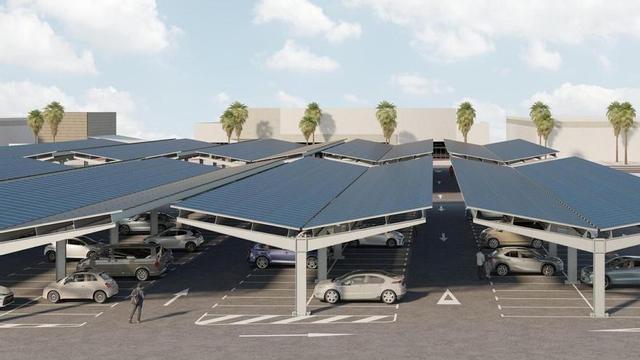 Imatge virtual de la futura pèrgola fotovoltaica a l’aparcament de l’Alcampo de Sant Boi. | AMB