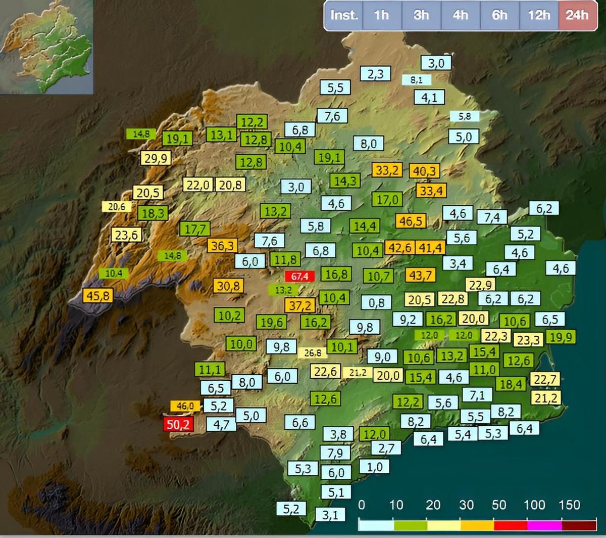 Precipitaciones acumuladas en las últimas 24 horas en la cuenca del Segura. En rojo Caravaca de la Cruz en Murcia (67 litros) y Chirivel ( 50,2) en Almería