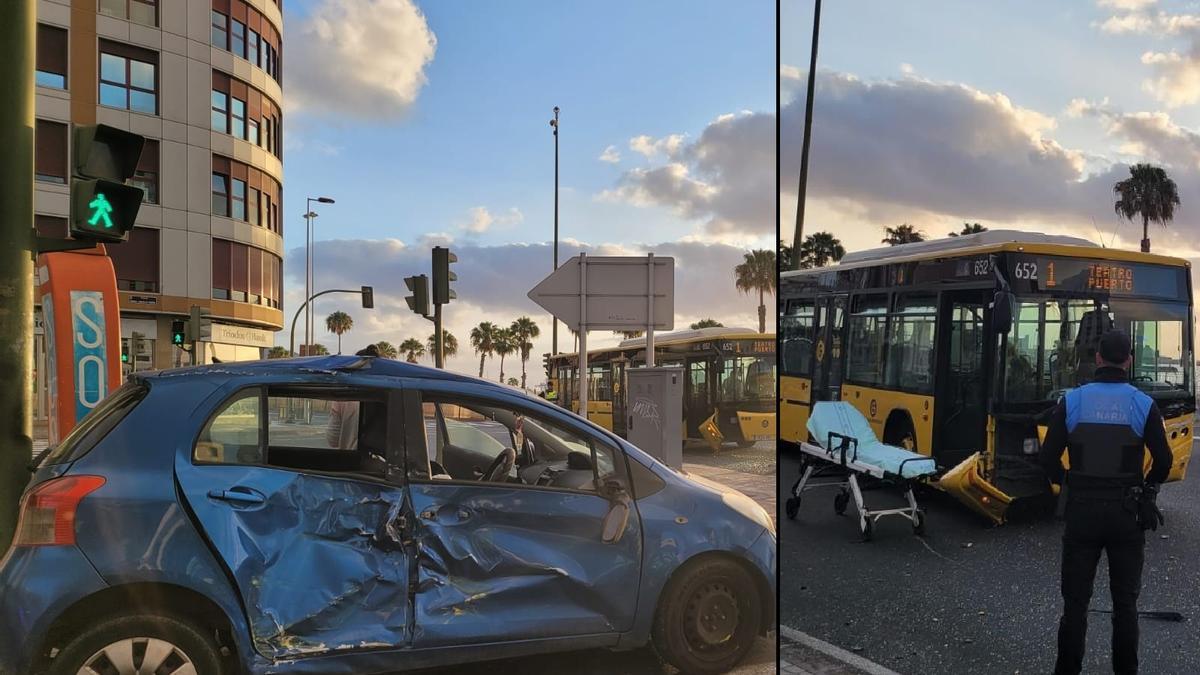 Así fue la aparatosa colisión entre un coche y una guagua en Las Palmas de Gran Canaria