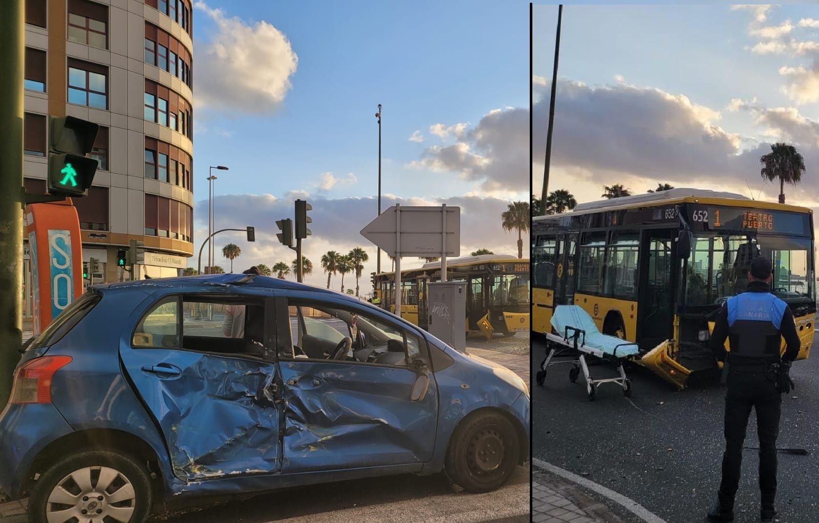 Así fue la aparatosa colisión entre un coche y una guagua en Las Palmas de Gran Canaria