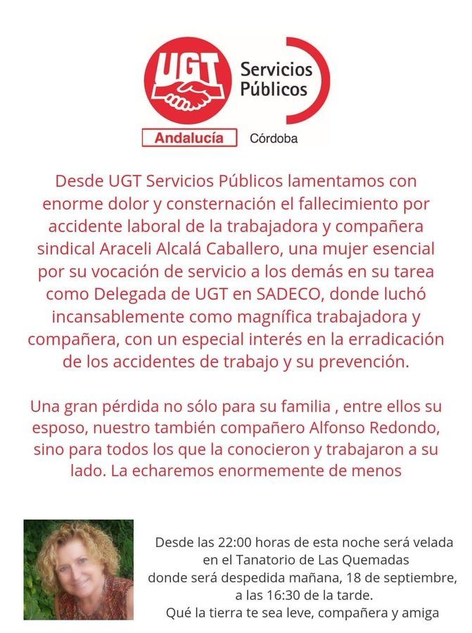 Mensaje de pésame de UGT tras la muerte de una trabajadora, delegada sindical, en accidente laboral.