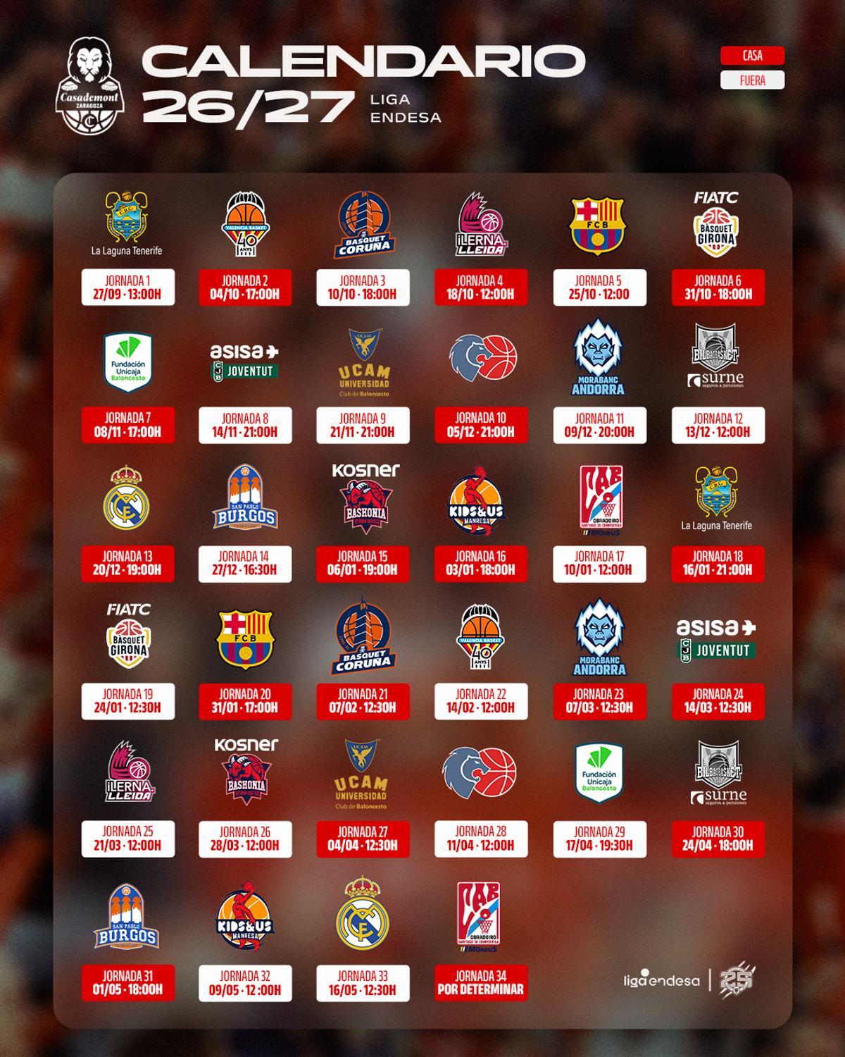 Calendario del Casademont Zaragoza para la temporada 2026-27