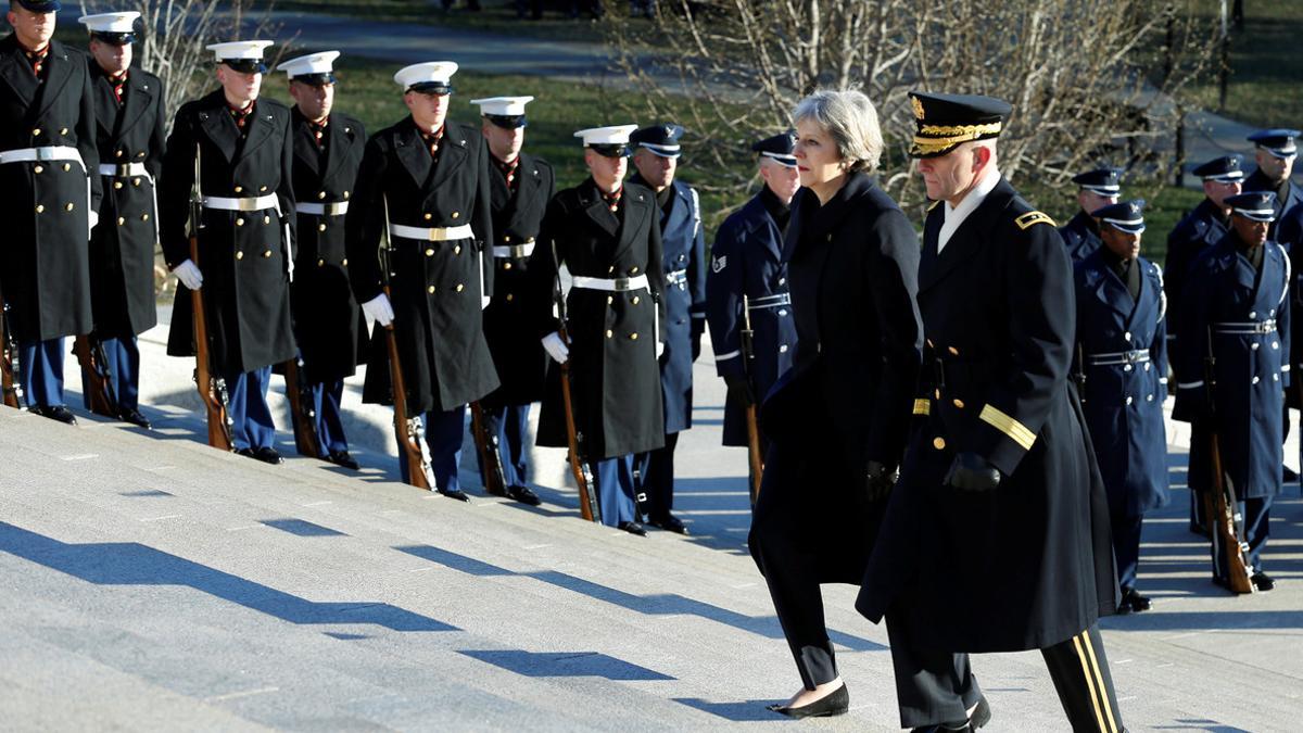 British Prime Minister Theresa May lays a wreath at the Tomb of the Unknown Soldier