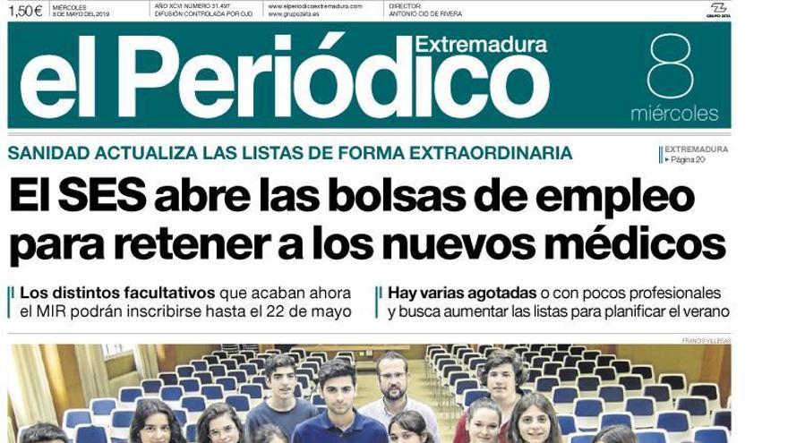 Esta es la portada de EL PERIÓDICO EXTREMADURA correspondiente al día 8 de mayo del 2019