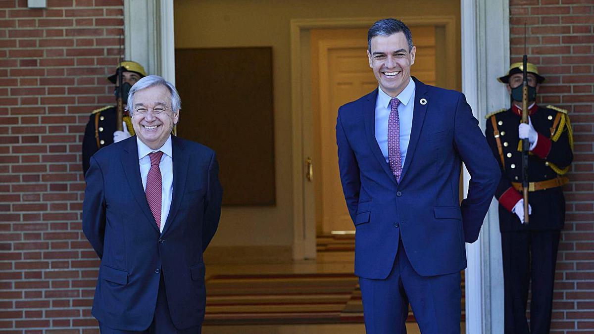 El president Pedro Sánchez rep el secretari de Nacions Unides, António Guterres, a la Moncloa | JESÚS HELLÍN/EP