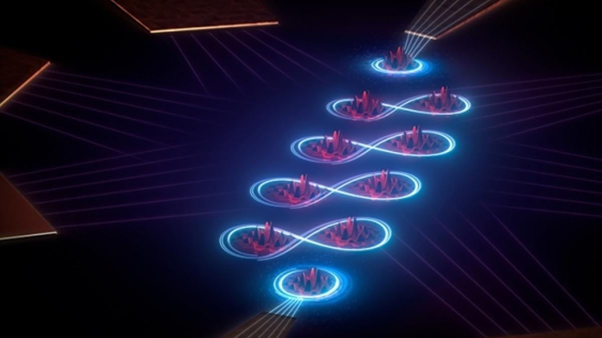 Creación artística del interior del circuito integrado cuántico que modela la cadena de carbono. Los átomos de carbono simulados están en rojo, mientras que el azul representa los electrones intercambiados entre ellos.