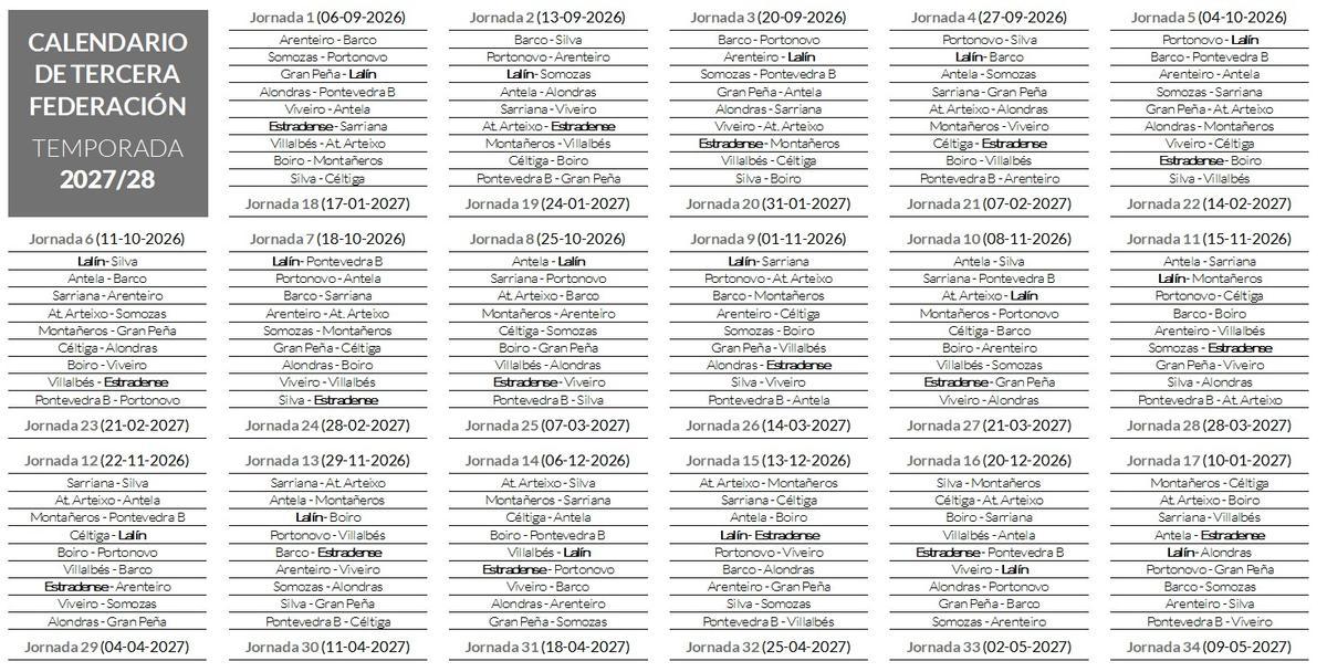 Calendario de Tercera Federación para la temporada 2027-2028.