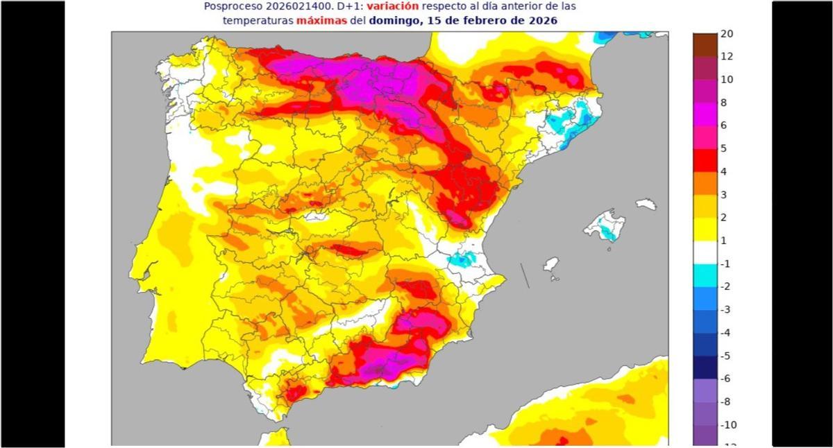 Variación de temperaturas en España, según pronóstico de la Aemet para hoy domingo, 15 de febrero.