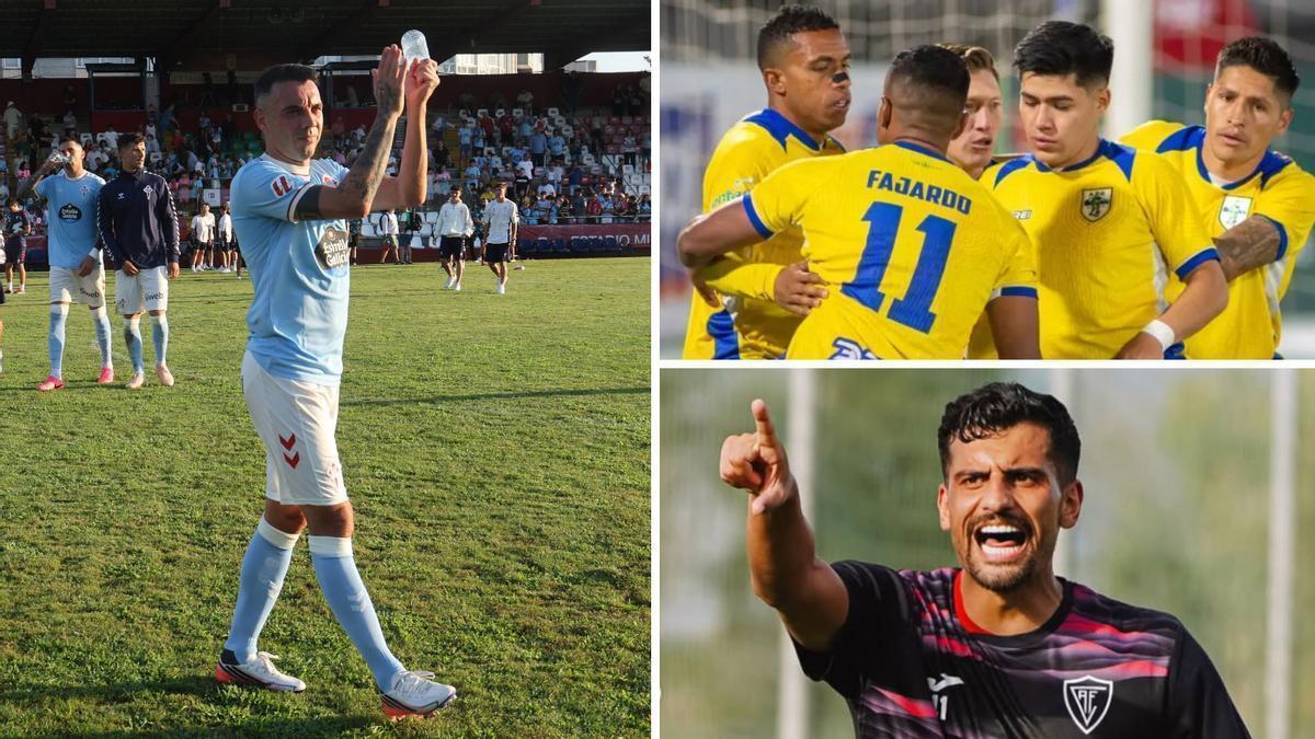 A la izquierda, Iago Aspas en A Lomba. A la derecha y arriba, jugadores del Academia del Balompié; abajo, un futbolista del Académico de Viseu.