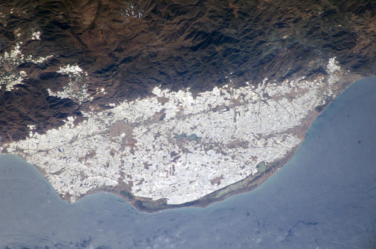 El 'mar de plástico' que conforman los invernaderos en Almería vistos desde el espacio.