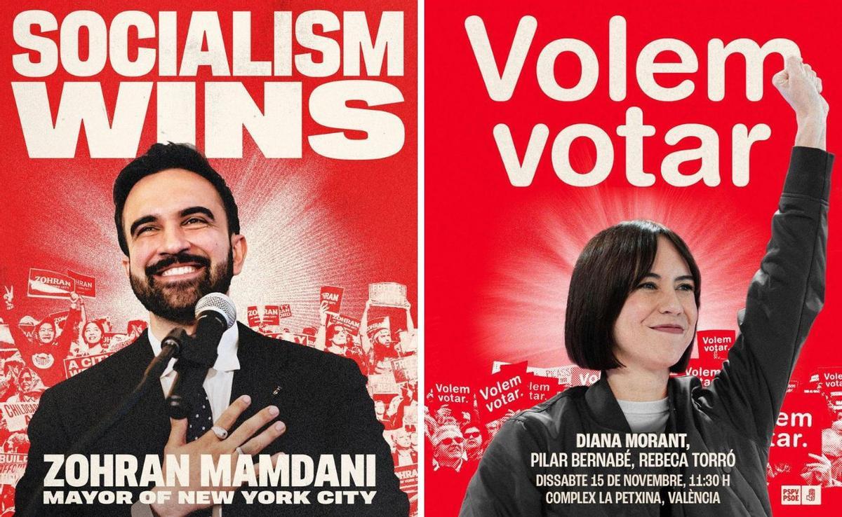 El cartel del alcalde de Nueva York y el del PSPV de Diana Morant