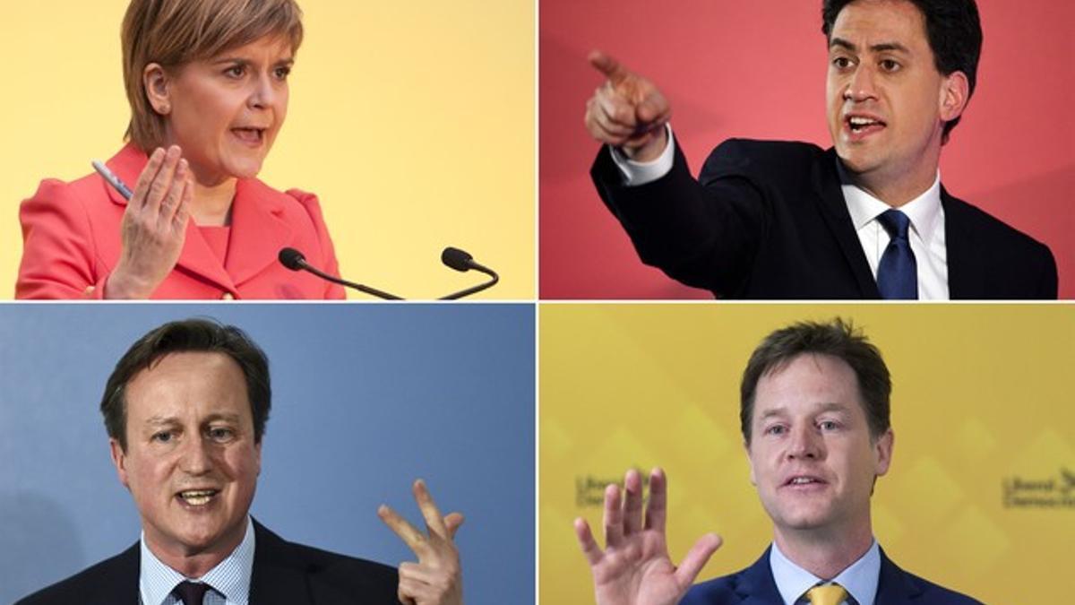 De izquierda a derecha y de arriba a abajo, Sturgeon, Miliband, Cameron y Clegg, los principales nombres de las elecciones en el Reino Unido.