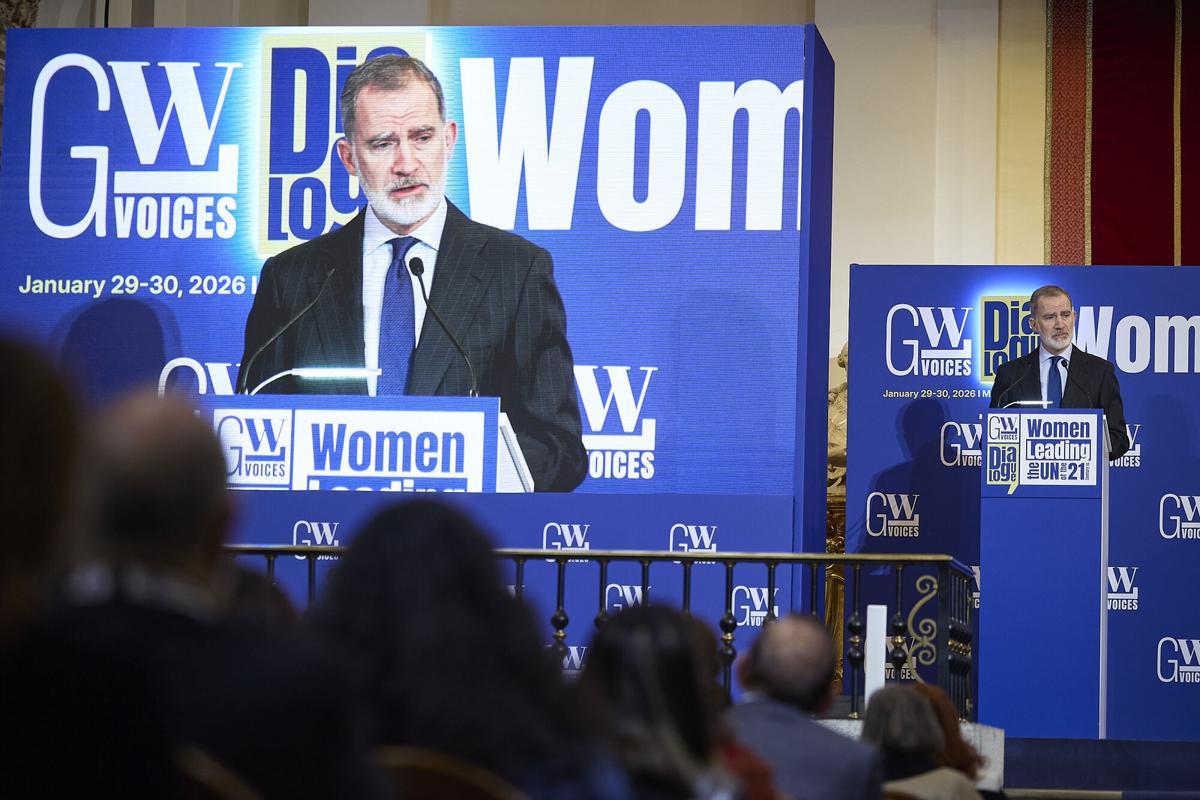Felipe VI, este jueves, en la inauguración del segundo diálogo GWL Voices for Change And Inclusion, en Madrid.