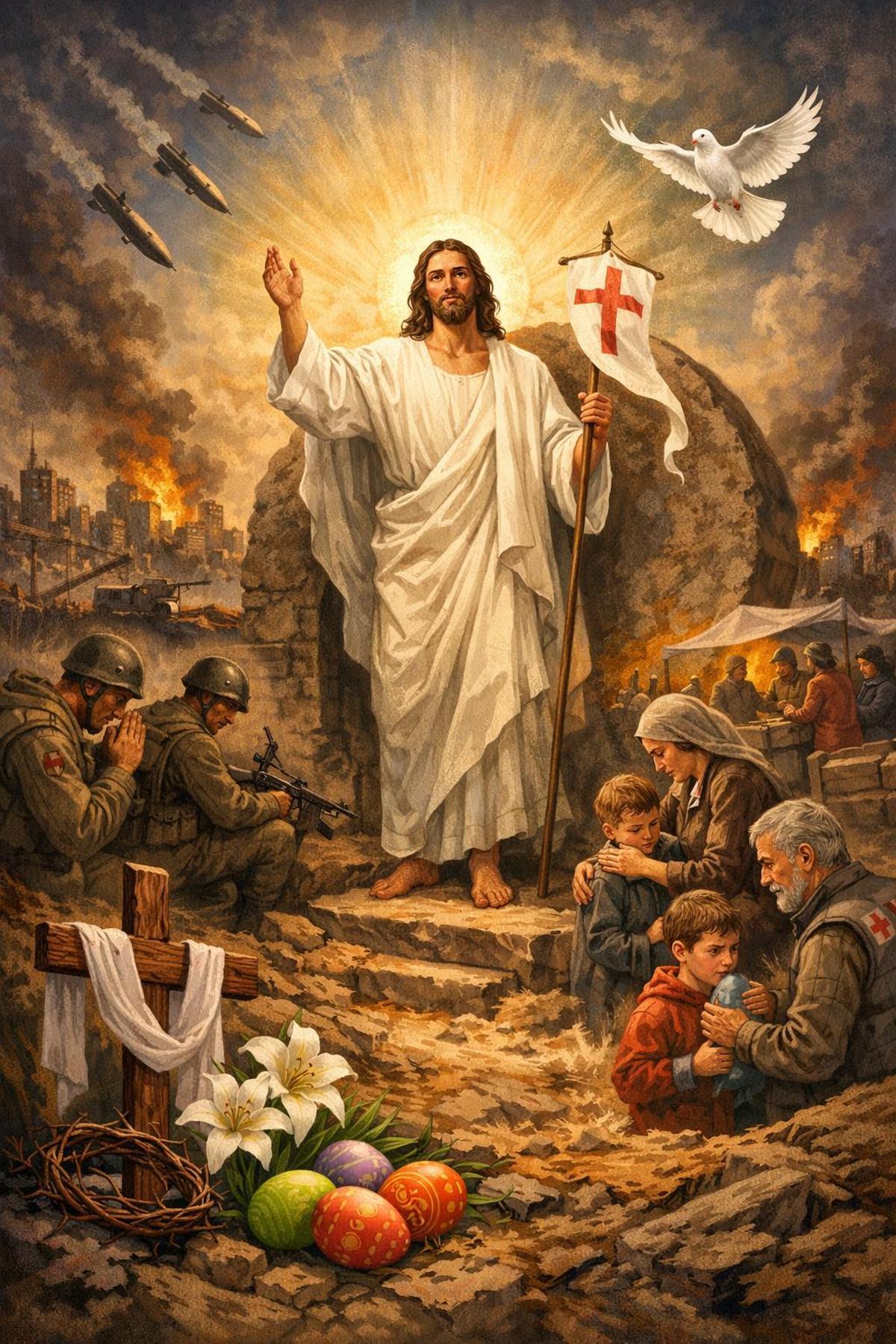 Diseño con Jesucristo en el centro de la imagen.