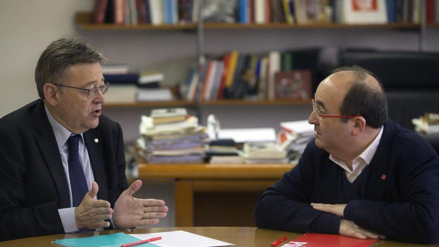 Ximo Puig y Miquel Iceta, hoy, en la sede del PSPV en Valencia.