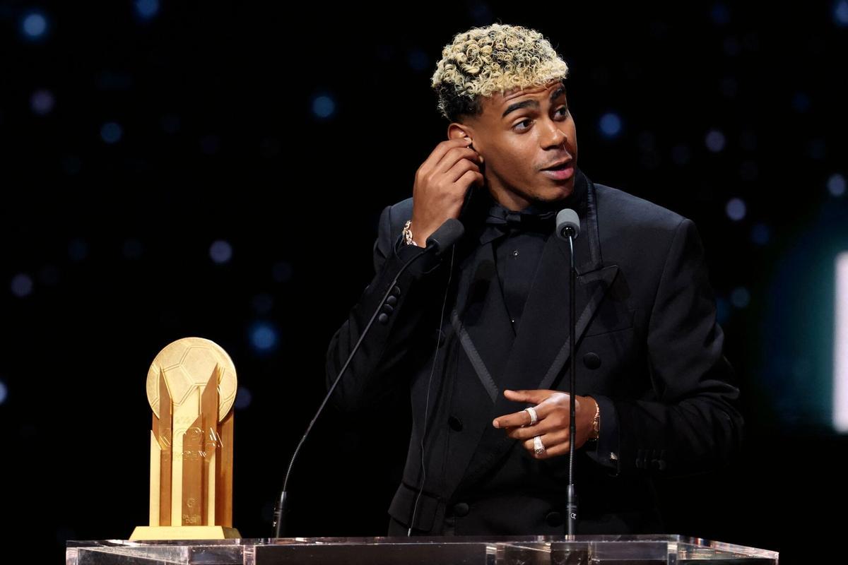 Barcelonas Spanish forward Lamine Yamal speaks after receiving the Kopa Trophy for the best under-21 player during the 2025 Ballon dOr France Football award ceremony at the Theatre du Chatelet in Paris on September 22, 2025. (Photo by Franck FIFE / AFP)