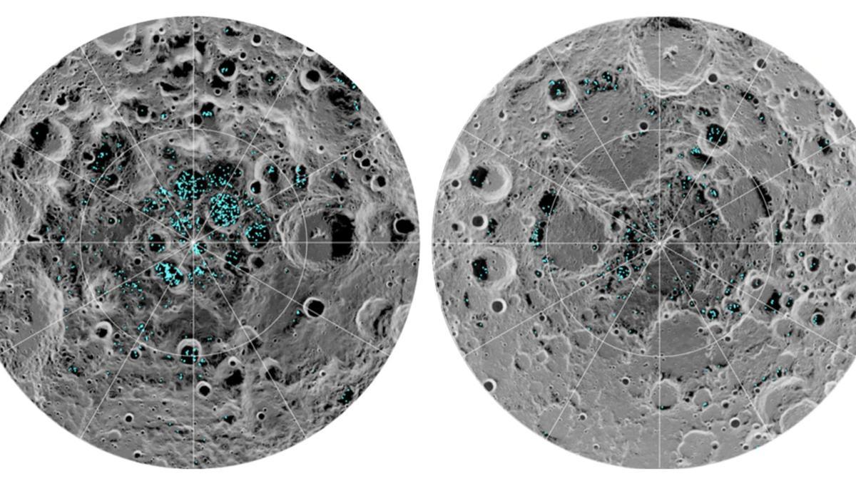 Depósitos de hielo superficiales en el polo sur lunar (izquierda) y polo norte según los datos de la sonda india Chandrayaan 1.