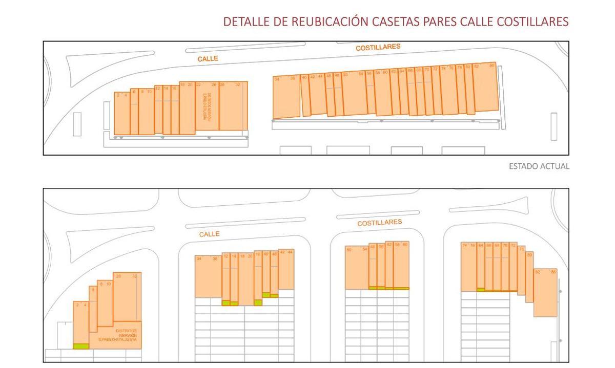 Mapa con la reubicación de las 27 casetas de la calle Costillares en la ampliación de la Feria de Sevilla