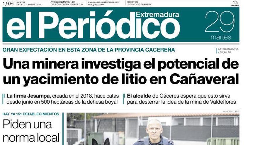 Esta es la portada de EL PERIÓDICO EXTREMADURA correspondiente al día 29 de octubre del 2019