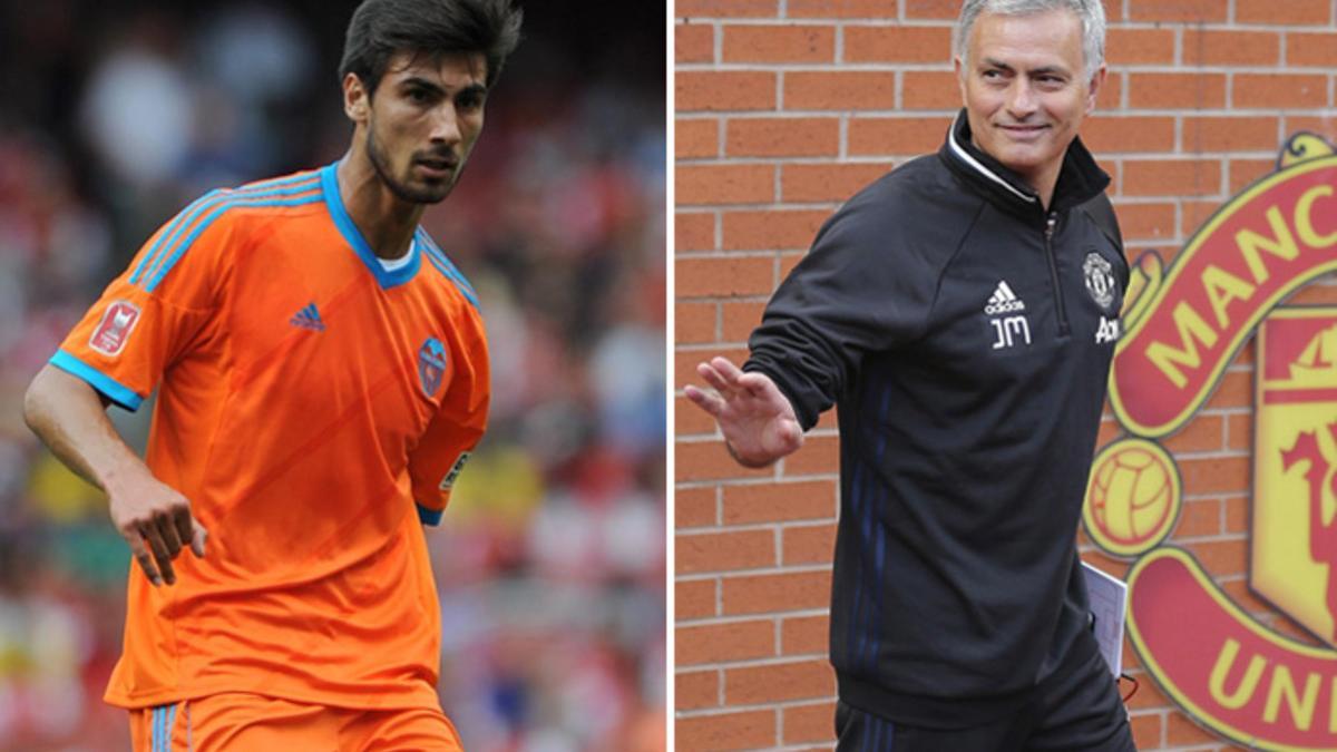 André Gomes, jugador del Valencia, y José Mourinho, entrenador del Manchester United