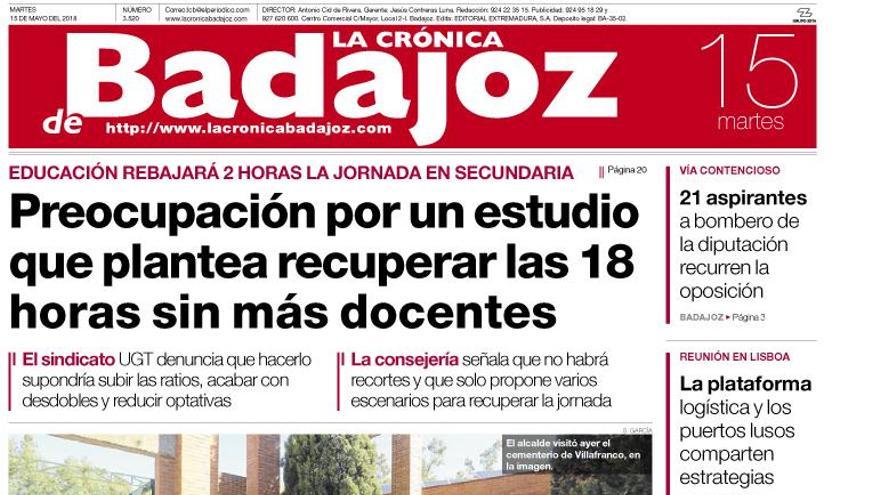 Esta es la portada de LA CRÓNICA DE BADAJOZ correspondiente al día 15 de mayo del 2018