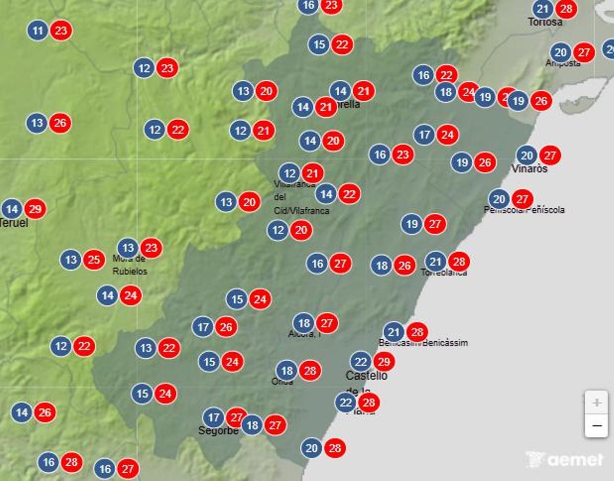 Temperaturas previstas para este domingo en Castellón.